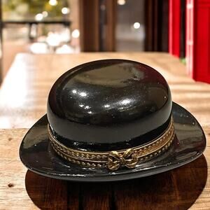 Authentic Vtg. Limoges Black Bowler Derby Hat Trinket Box Hand Painted Umbrella